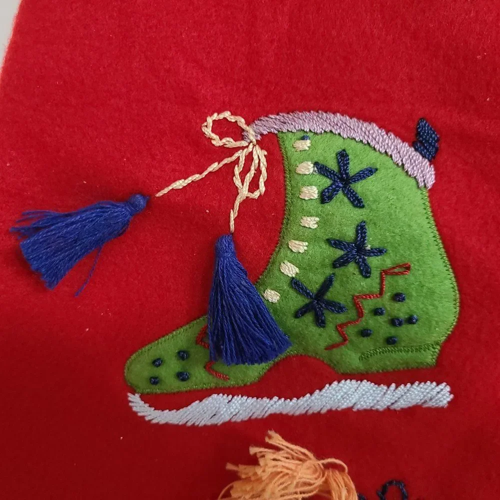 Red Felt Christmas Stocking With Embroidered and Appliqued Ice Skates and Tassel